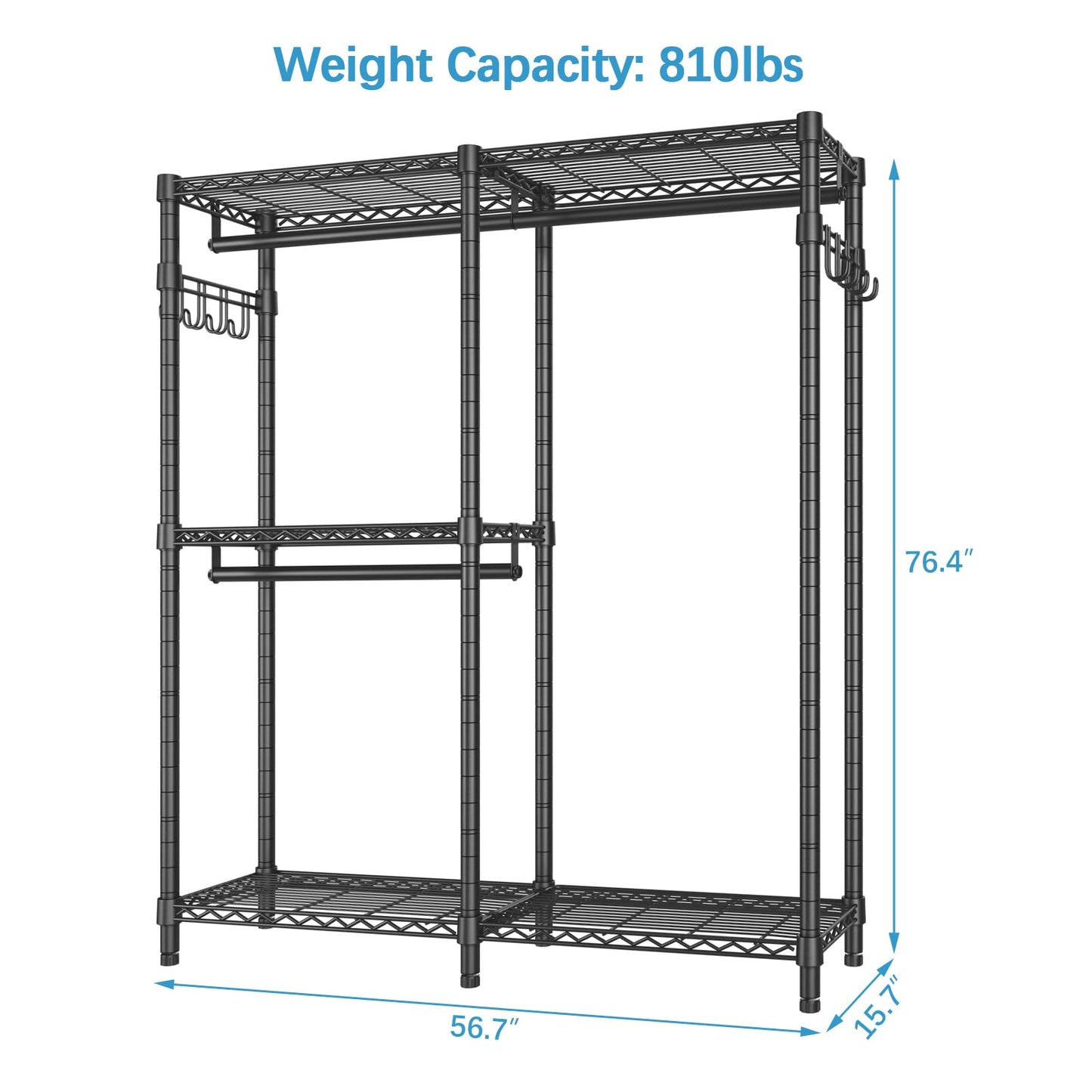 V4 Garment Rack for Hanging Clothes, Portable Closet Storage System with Adjustable Shelves Heavy Duty Clothes Rack Metal Wardrobe Double Clothing Rack with 2 Side Hooks, Max Load 810lbs, Black